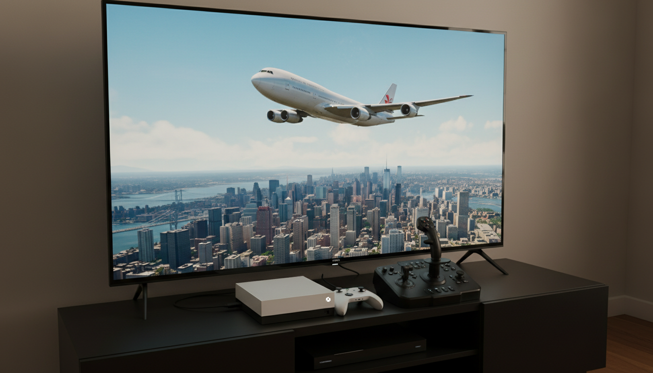 Xbox Series S rodando Microsoft Flight Simulator, joystick HOTAS, experiência de simulador de voo realista