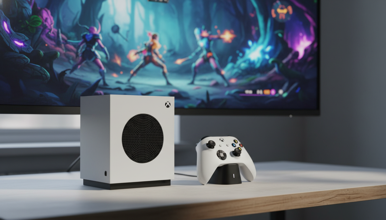 Console Xbox Series S branco com controle e jogo na tela, mostrando a experiência estratégica de nova geração.