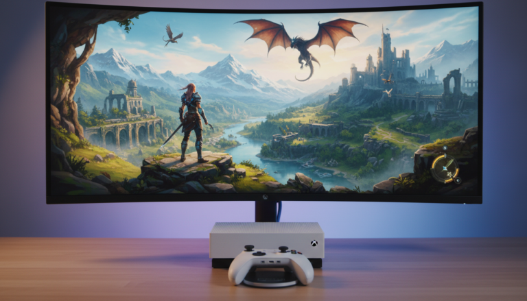 Console Xbox Series S branco exibindo um RPG de fantasia épico em uma TV, com gráficos detalhados e cores vibrantes, ilustrando a capacidade do console para jogos RPG.