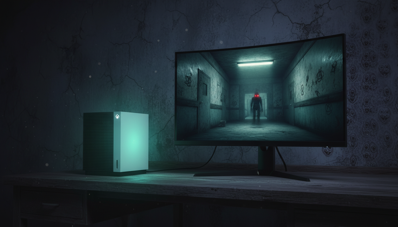 Xbox Series S em ambiente escuro com jogo de terror na tela, simbolizando a atmosfera de medo e suspense