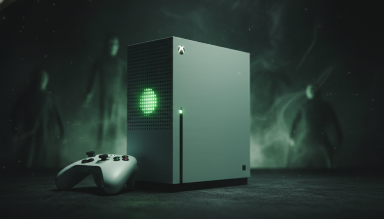 Xbox Series S console com tema de terror, luz verde assustadora, sombras, controle de videogame