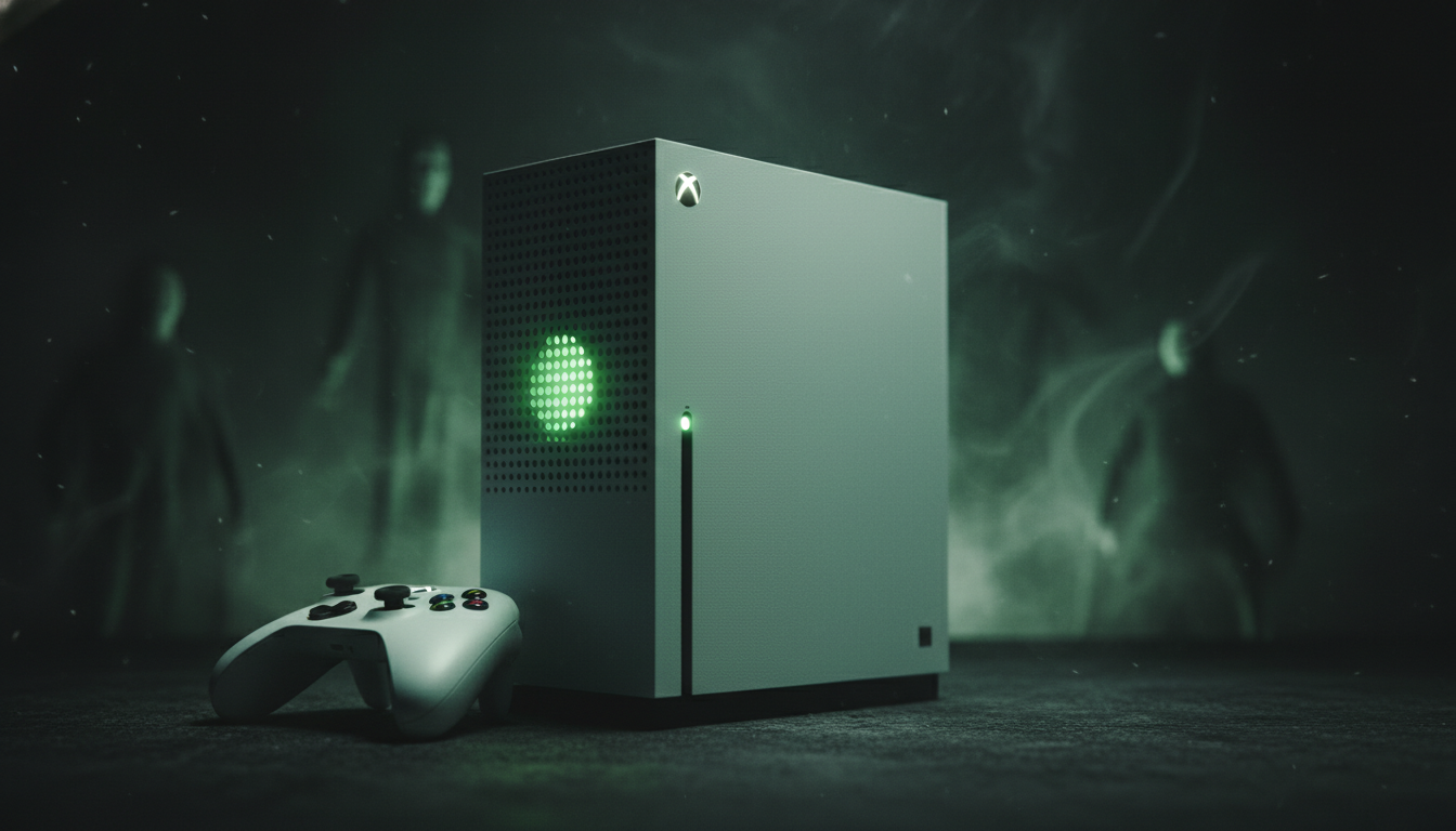 Xbox Series S console com tema de terror, luz verde assustadora, sombras, controle de videogame