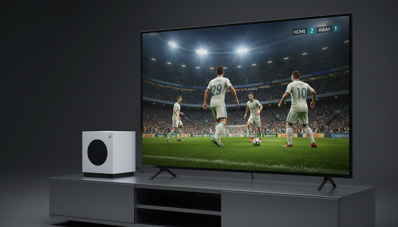 Xbox Series S console exibindo jogo de futebol com gráficos realistas