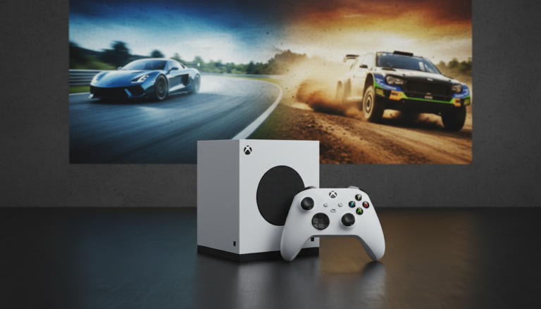 Xbox Series S com controle em ambiente de jogo, exibindo corrida no asfalto e off-road na lama