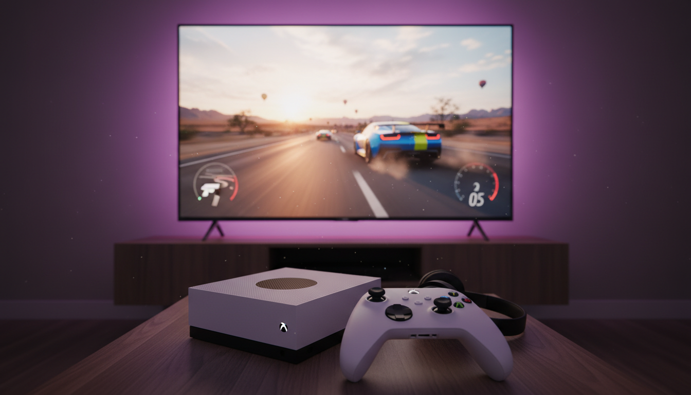 Console Xbox Series S, controle sem fio, jogo de corrida, Forza Horizon 5 na tela, games de velocidade, nova geração, Microsoft.