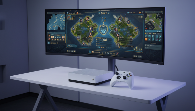 Console Xbox Series S branco em mesa de jogo com jogo de estratégia na tela