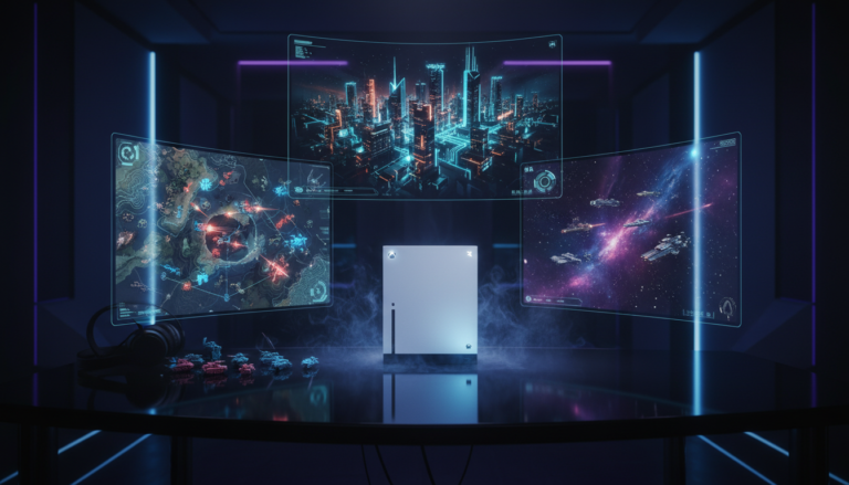 Xbox Series S com elementos holográficos de jogos de estratégia, representando os lançamentos imperdíveis de 2026