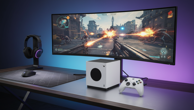 Console Xbox Series S branco com controle e jogo de tiro na tela, representando a combinação ideal para jogadores de FPS com orçamento limitado.