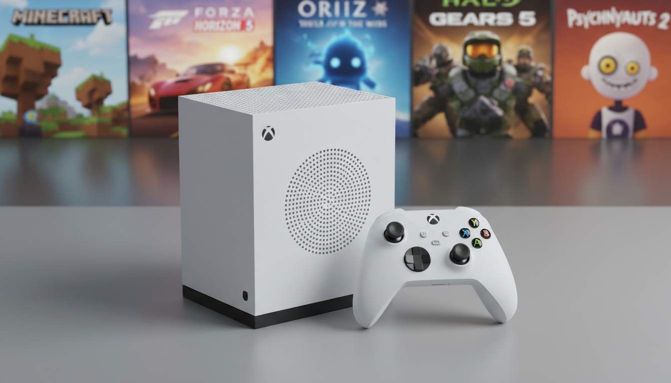 Xbox Series S branco, controle sem fio, capas de jogos como Minecraft, Forza Horizon 5, Ori, Halo Infinite, Gears 5, Psychonauts 2 para iniciantes