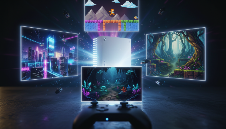 Xbox Series S com gráficos holográficos de jogos de plataforma futuristas para 2026