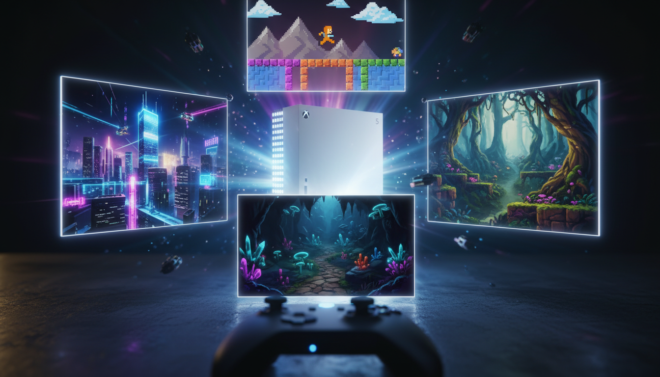 Xbox Series S com gráficos holográficos de jogos de plataforma futuristas para 2026