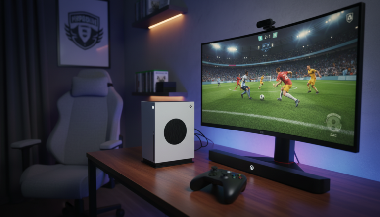 Xbox Series S exibindo um jogo de futebol com gráficos realistas e controle sem fio