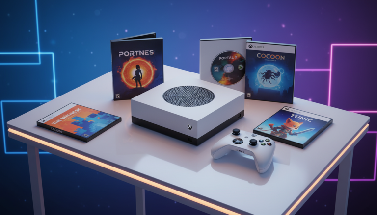 Coleção de jogos de puzzle para Xbox Series S em 2024, com The Witness, Portal 2, Inside, Cocoon, Superliminal, Unpacking, Human Fall Flat, Puyo Puyo Tetris 2, It Takes Two e Tunic.