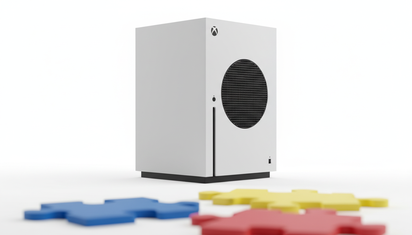 Console Xbox Series S branco e moderno com peças de quebra-cabeça coloridas em foco suave, representando jogos de quebra-cabeça.
