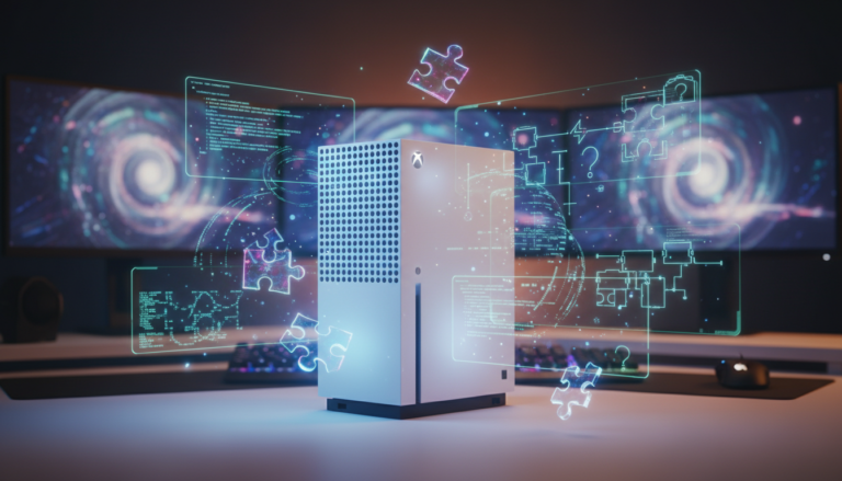 Xbox Series S com quebra-cabeças digitais e luzes futuristas, pronto para jogos de puzzle em 2026.