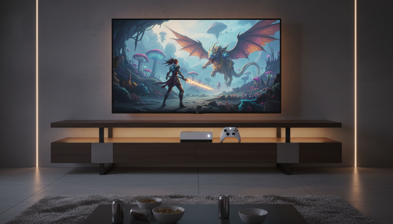 Xbox Series S com jogos de 2026, console branco, controle Xbox, tela de TV com RPG de fantasia.