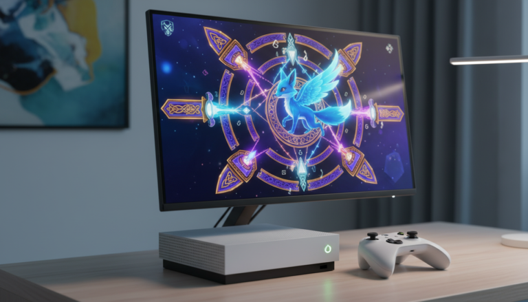 Xbox Series S rodando um jogo de puzzle indie com gráficos vibrantes e elementos de quebra-cabeça visíveis na tela