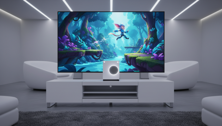 Xbox Series S, console de nova geração, jogos de plataforma, tela de TV mostrando jogo colorido, ambiente de sala de estar moderna