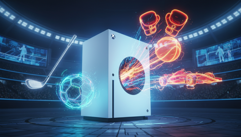 Xbox Series S com gráficos de futebol, basquete, corrida e outros esportes em um cenário futurista de videogame, representando os jogos de 2026.