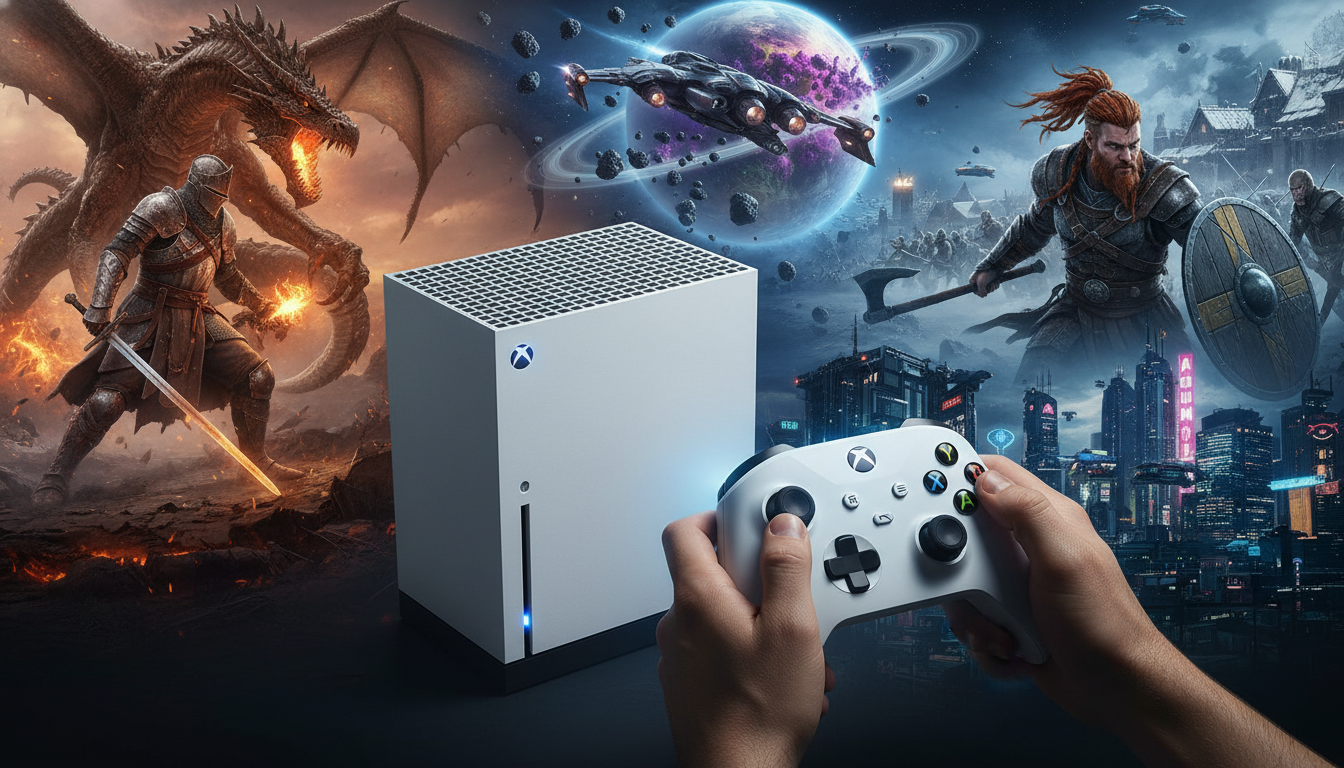 Xbox Series S com jogos de ação e aventura, incluindo Elden Ring, Starfield, Assassin's Creed Valhalla