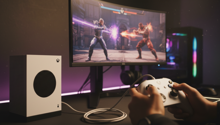 Xbox Series S com controle conectado, monitor exibindo jogo de luta, foco em performance e baixa latência.