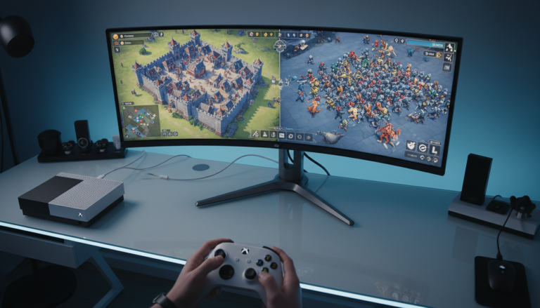 Console Xbox Series S com jogo de estratégia tática na tela, controle na mão, explorando joias de estratégia no console.