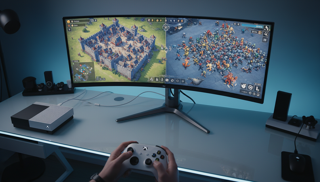 Console Xbox Series S com jogo de estratégia tática na tela, controle na mão, explorando joias de estratégia no console.