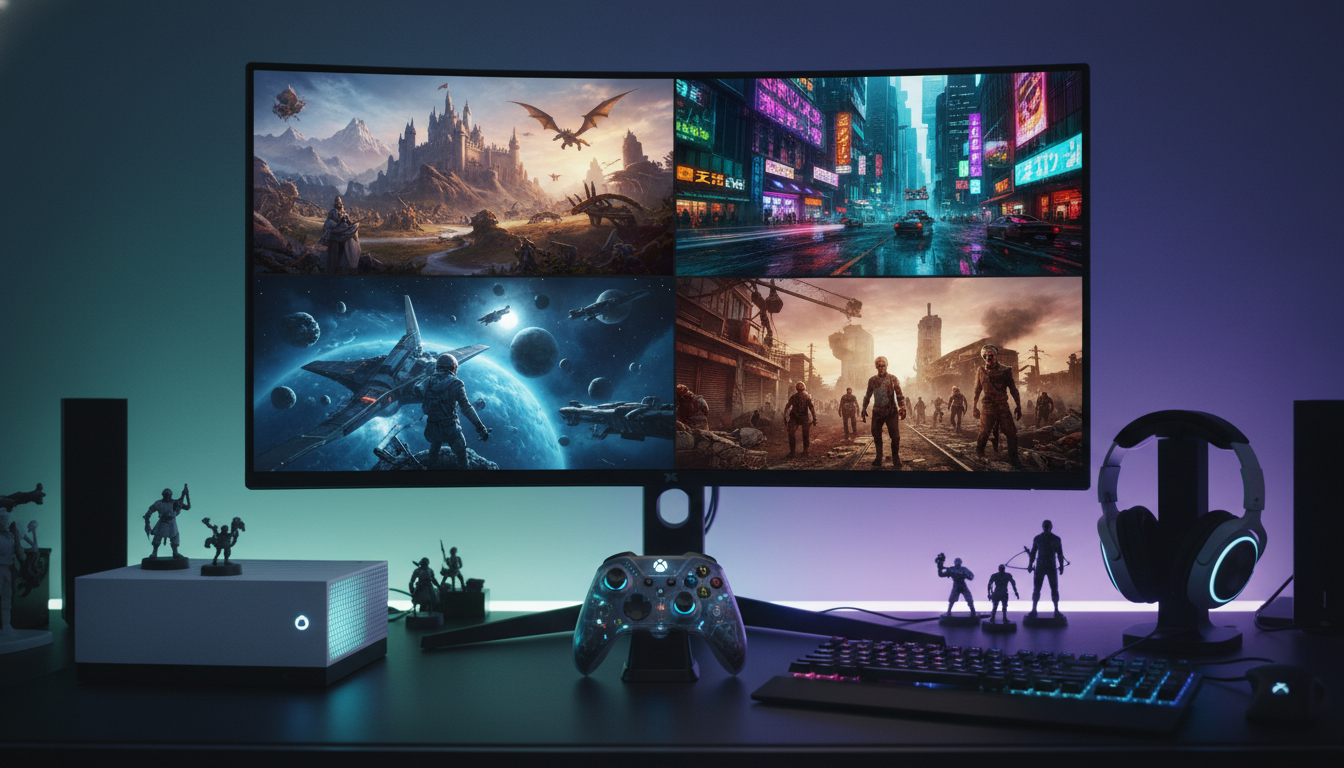 Xbox Series S e montagem de RPGs futuristas de 2026