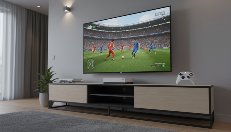 Xbox Series S com jogo de futebol na tela, controle sem fio