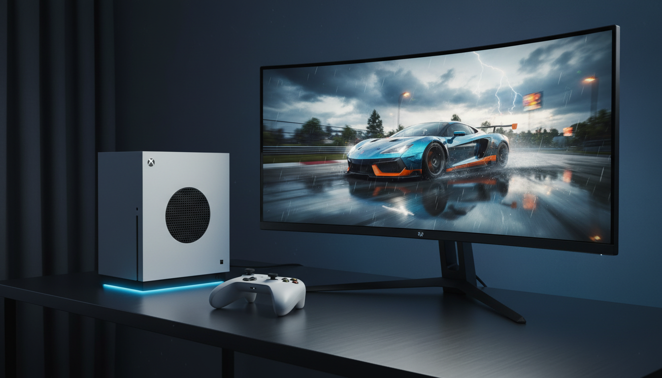 Xbox Series S e tela de jogo de corrida otimizado para performance