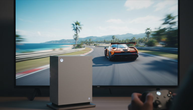 Console Xbox Series S com jogo de corrida na tela