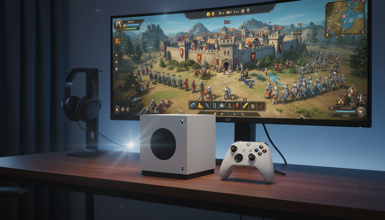 Xbox Series S com jogo de estratégia na tela, controle na mesa