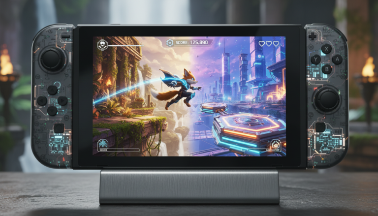 Personagem de plataforma saltando entre ruínas antigas e plataforma futurista no Switch 2