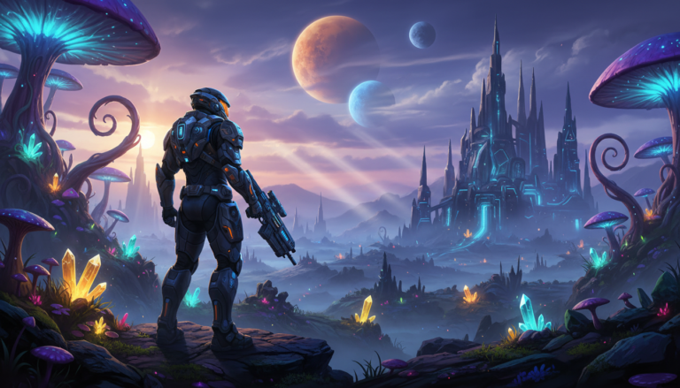 Soldado explorando paisagem alienígena em jogo de tiro para PS5