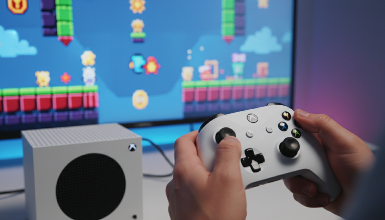 Xbox Series S com jogo de plataforma em tela, controle de mão, avaliação de games, guia de jogos