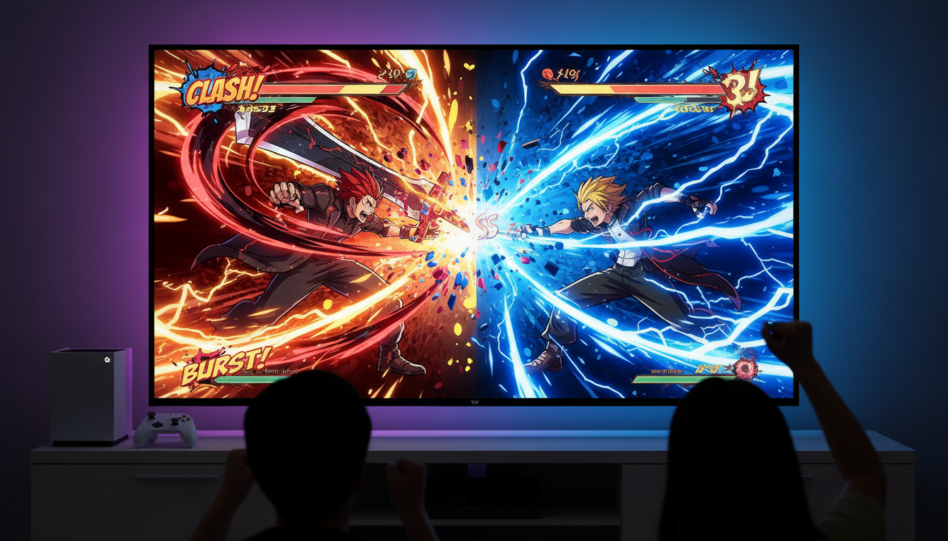 Gameplay de BlazBlue Cross Tag Battle no Xbox Series S, com Ragna the Bloodedge e Yu Narukami em batalha épica com muitos efeitos visuais