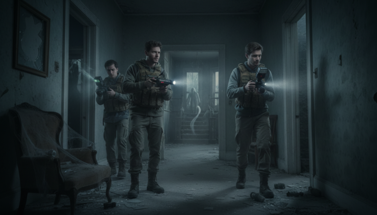 Jogadores de Phasmophobia no PC com equipamentos de caça a fantasmas em casa assombrada.