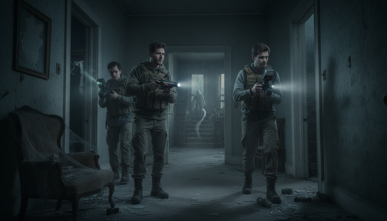 Jogadores de Phasmophobia no PC com equipamentos de caça a fantasmas em casa assombrada.