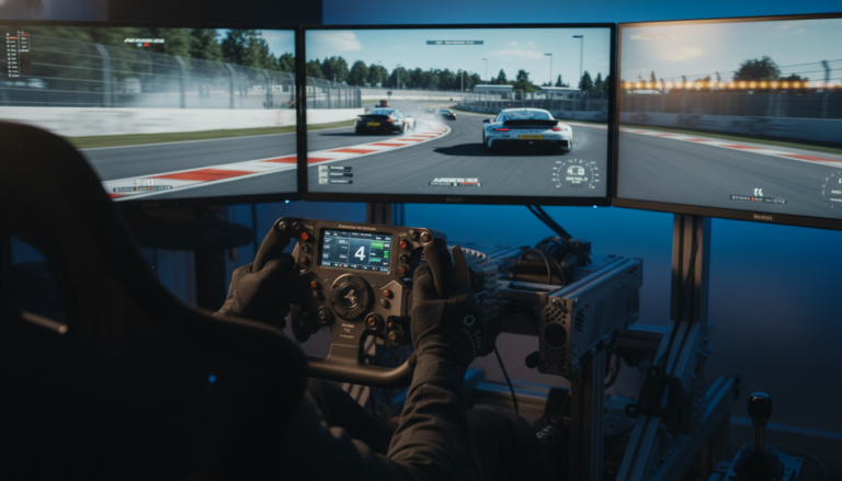 Jogador em cockpit de simulação com Assetto Corsa Competizione PC
