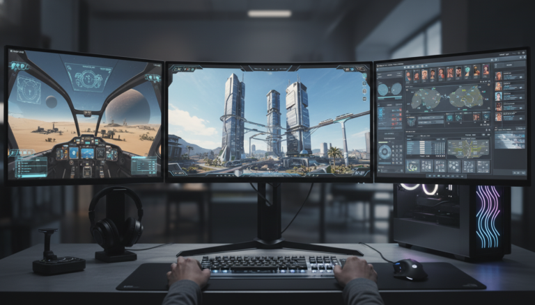 PC gamer de 2026 com jogos de simulação, setup multi-monitor, gráficos realistas de cidade, voo e vida.