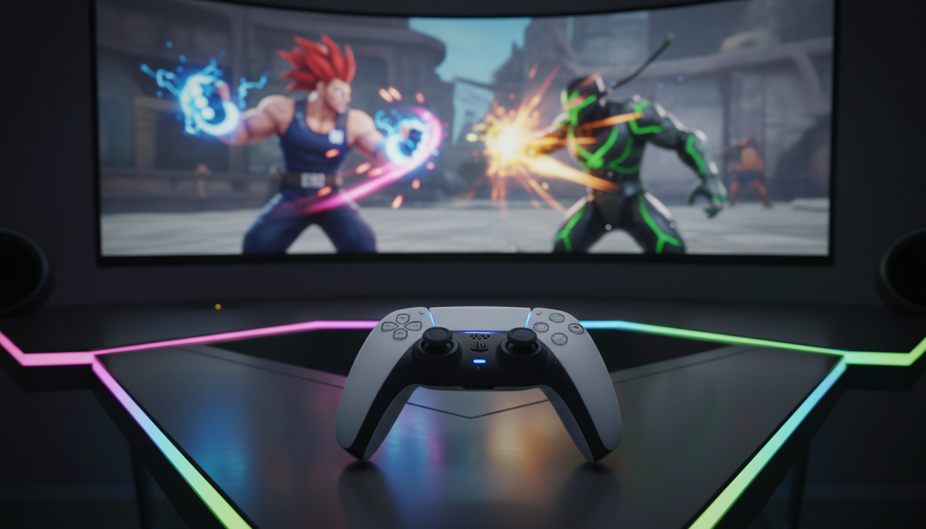 Controle PS5 DualSense com jogo de luta na tela, guia iniciante Fighting Games