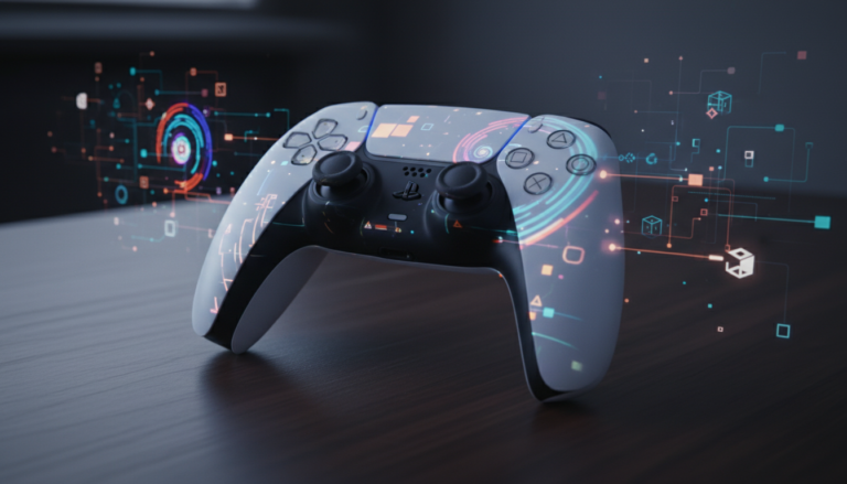 Controle DualSense PS5 com gráficos de puzzle