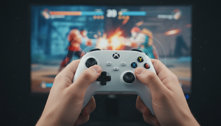 Jogador usando controle Xbox Series S com feedback háptico em jogo de luta