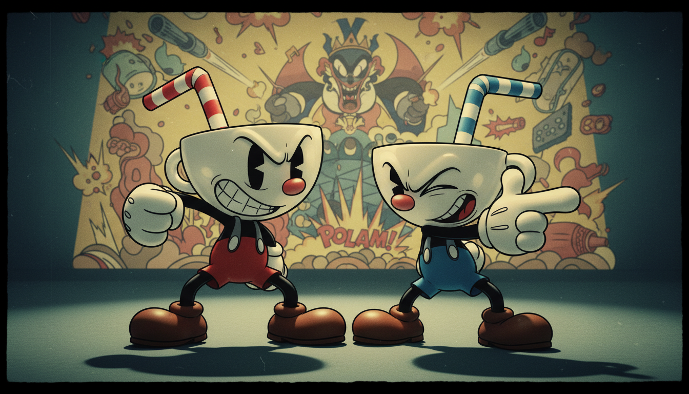 Cuphead e Mugman em estilo de desenho animado clássico