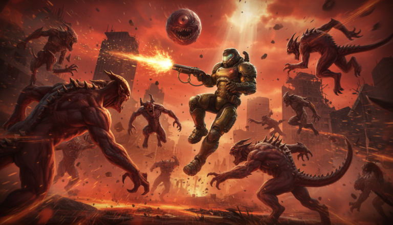 Doom Slayer lutando contra demônios com Super Shotgun no PC