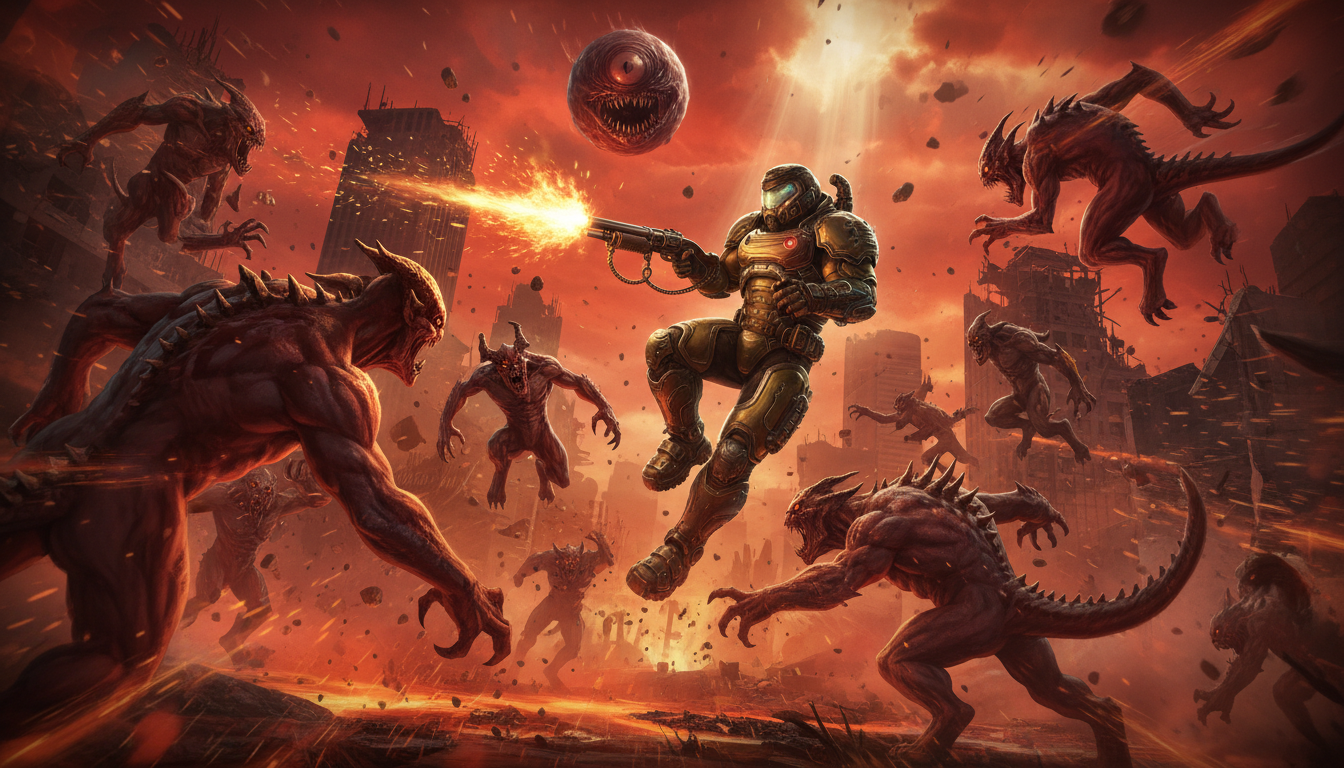 Doom Slayer lutando contra demônios com Super Shotgun no PC