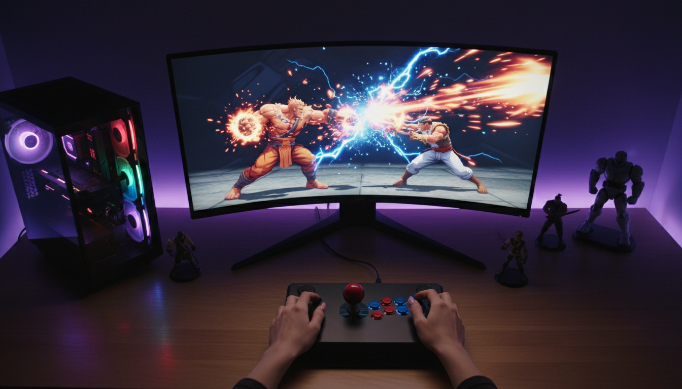 Jogador usando um controle arcade para jogar um dos Top 10 Jogos de Luta para PC em um monitor gamer com iluminação RGB.