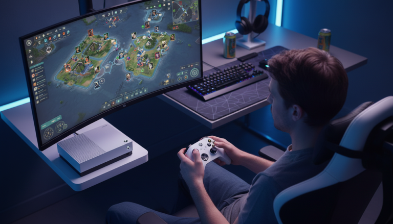 Jogador utilizando controle Xbox para jogar estratégia no Series S, tela exibindo mapa de batalha