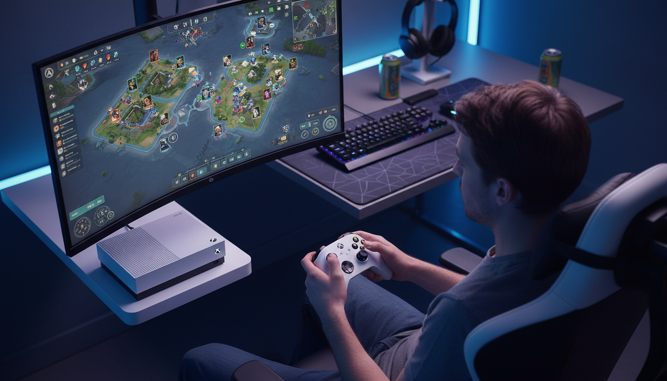 Jogador utilizando controle Xbox para jogar estratégia no Series S, tela exibindo mapa de batalha