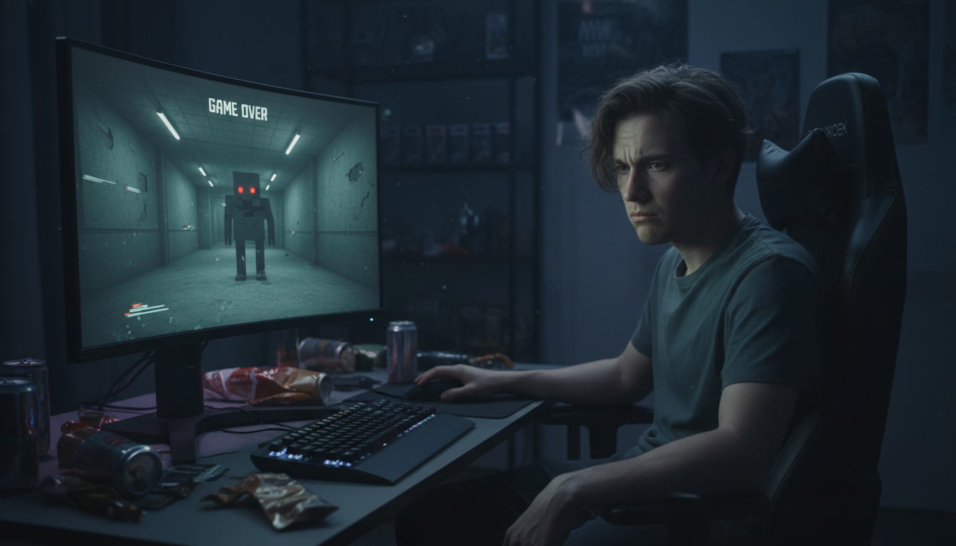 Gamer desapontado com jogo de terror para PC, frustração com promessas não cumpridas, tela de jogo de terror sem graça